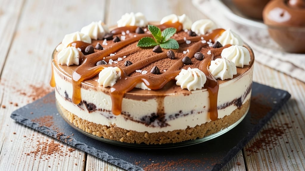 Caramel Chocolate Coffee Cheesecake Recipe: Boozy Coffee Swirls and Crunchy Topping
